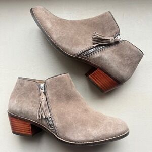 Vionic Serena Women 8 Taupe Tan Suede Ankle Boots Block Heel Side Zip Minimalist